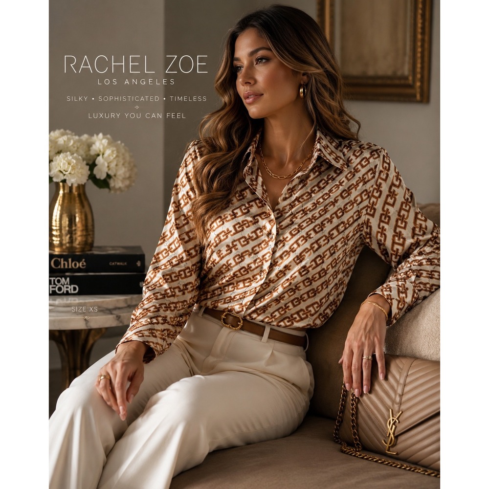 Rachel Zoe Los Angeles Chain Link Print Silky Button Down Blouse Brown Ivory XS